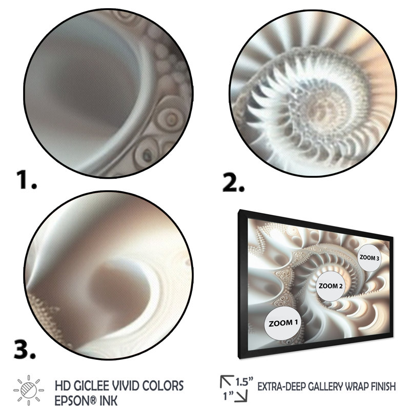 «Lilya White Fractal Spiraling II», reproduction sur toile, Cadre simple noir, H 12 po x l 20 po x P 1 po