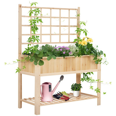 47'' Wooden Raised Garden Bed With Trellis, Coutryside Style Elevated Planter Box Stand With Open Storage Shelf, Spacious Planting Area For Vegetables, Herbs, Flowers