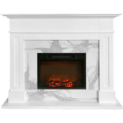 Hildetraud 57-In. Modern Indoor Electric Fireplace Mantel With 1500W Log Insert And Remote Control | White Faux Marble | Heating For Living Room,  Din -  Winston Porter, BBD03FED276242D2A8371C437AD55EC9