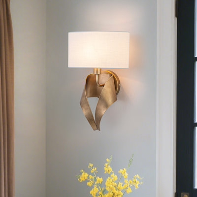 9.84" Sculptural Ribbon Wall Sconce Antique Gold 2-Light Vintage Art Deco Bathroom Wall Light with Oval Linen Fabric Shade