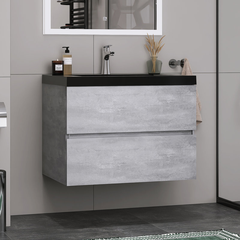 Meuble-lavabo mural moderne avec cuve en quartz noir, 30 in.