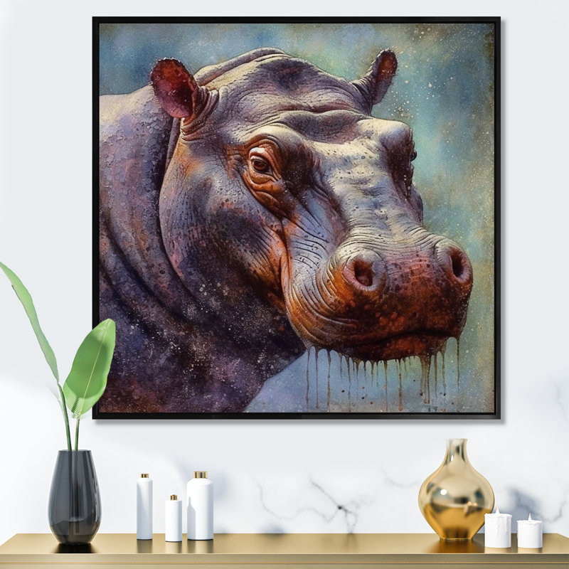 Hippopotame - animaux, art mural sur toile, H 30 po x l 30 po x P 1 po, Cadre flottant noir