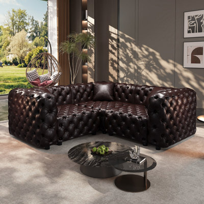 75.1" L Shaped Modern Sofa Set, Faux Leather Upholstered Modular 3-Seater Sectional Couch with Pure Handmade Button Tufted Design, 3 Pillows, Multi Co