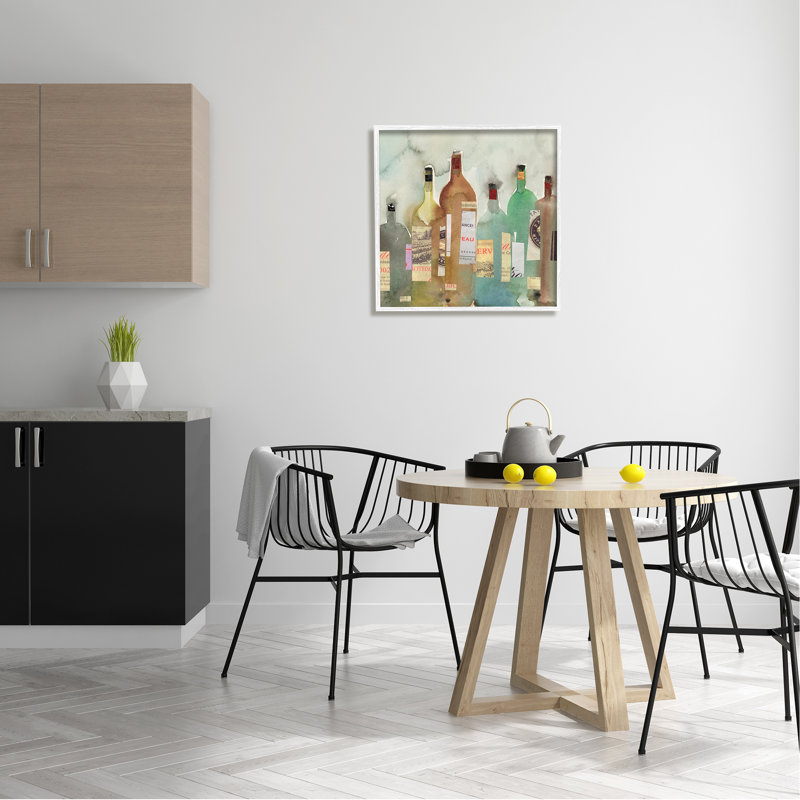 «Classic Wine Liquor Bottles Collage» par Samuel Dixon - Peinture, H 24 po x l 24 po, Giclée encadrée blanc bord de mer