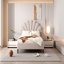 Lit plateforme tapissier double avec tête de lit en velours à motif floral-632814403-632814397