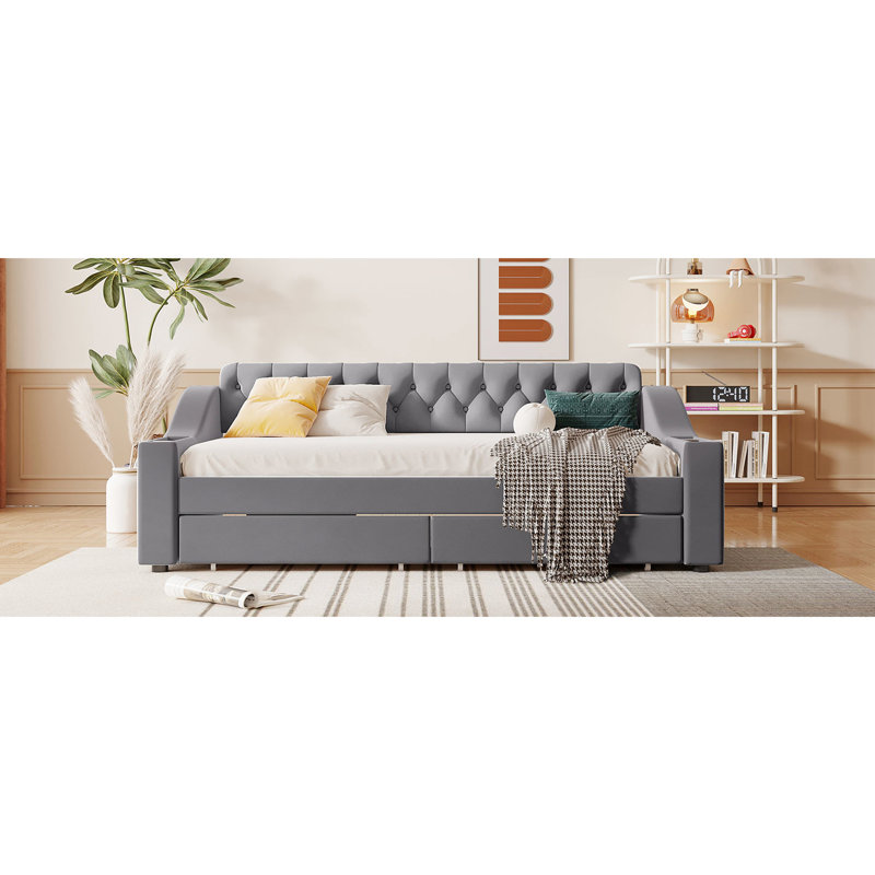 Gray Upholstered Twin Daybed With Armrest Storage & - Practical Bedroom Addition Elegant Sleeping Option, Gray