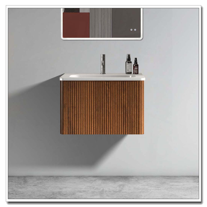 Meuble-lavabo mural flottant avec lavabo en céramique, Noyer
