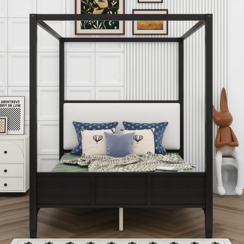 Lit à baldaquin moderne rembourré, support de lattes en bois robuste, aucun sommier tapissier requis, Black