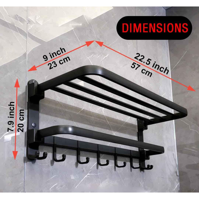 Porte-serviettes mural avec tablette - Porte-serviettes double sans perçage pour douche de salle de bain - Conception pliable avec capacité de charge élevée - Options de fixation adhésive ou à vis