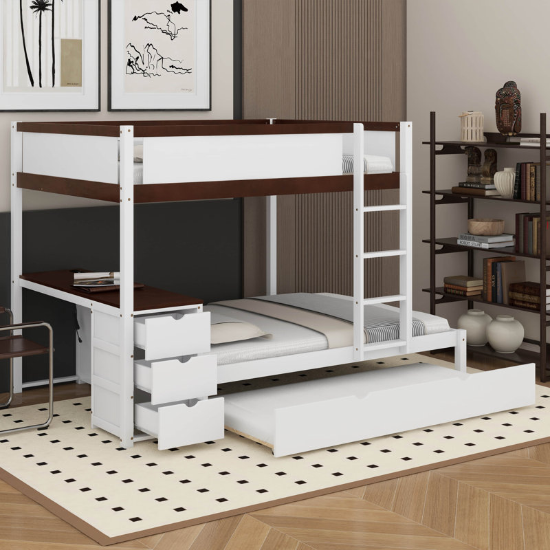 Lit superposé double avec lit gigogne simple, rangement et bureau, Blanc/noyer