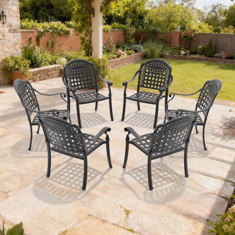 Chaise de patio en fonte d'aluminium 6 pièces avec cadre noir et coussins bleus, 6
