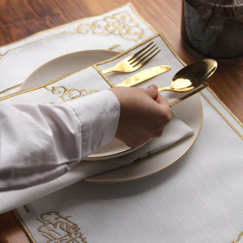 Embroidered White Linen Placemats with Gold Scrollwork – 24pc Elegant Table Mats Set for 6 Person | Islamic Decorative Dining Linens