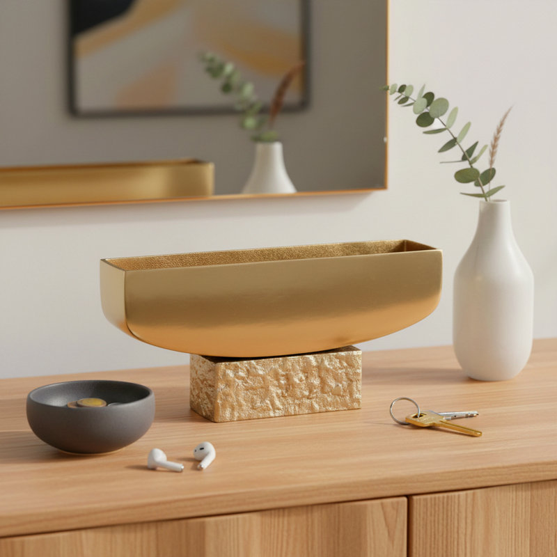 Bol décoratif rectangulaire en métal poli avec base texturée - Bol décoratif décoratif moderne pour table - 14 po, doré