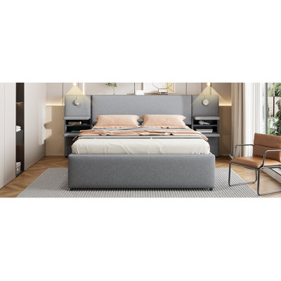 Lit plateforme tapissier avec lampes de lecture, tiroirs, lit gigogne et tablettes, gris