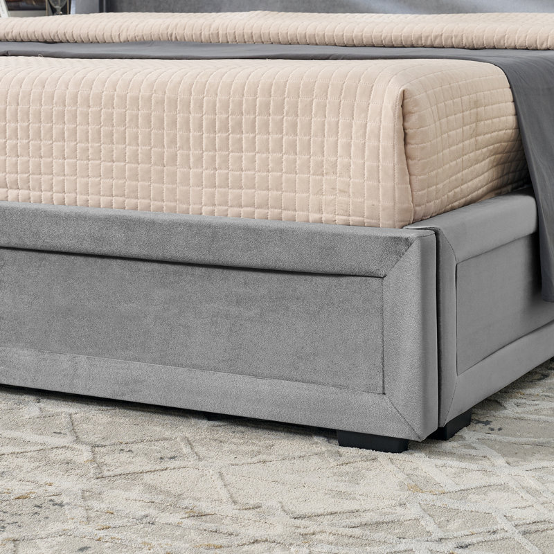 Lits de rangement avec cadre en panneau de fibres à densité moyenne, grande plateforme moderne en velours gris pour la maison
