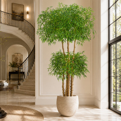 Bambou artificiel de 2,74 m (9 pi) avec pot de pépinière noir robuste, plante de bambou artificielle réaliste à plusieurs troncs, verdure tropicale d'intérieur et d'extérieur pour salon, entrée, terrasse et jardin.