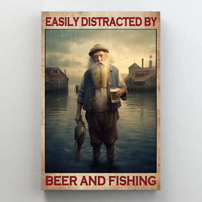 «Easily Distract By Beer And Fishing», reproduction d'art graphique sur toile tendue 1 pièce