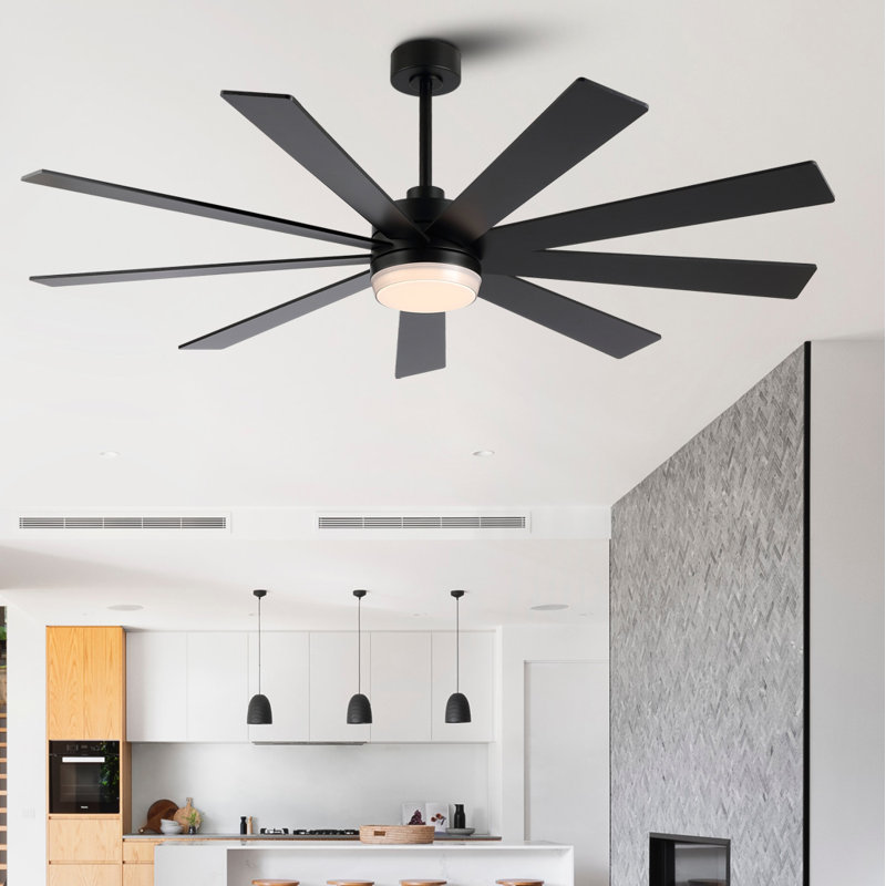 Ventilateur de plafond 9 pales avec éclairage à DEL et télécommande Veun, Noir, 84 po de largeur