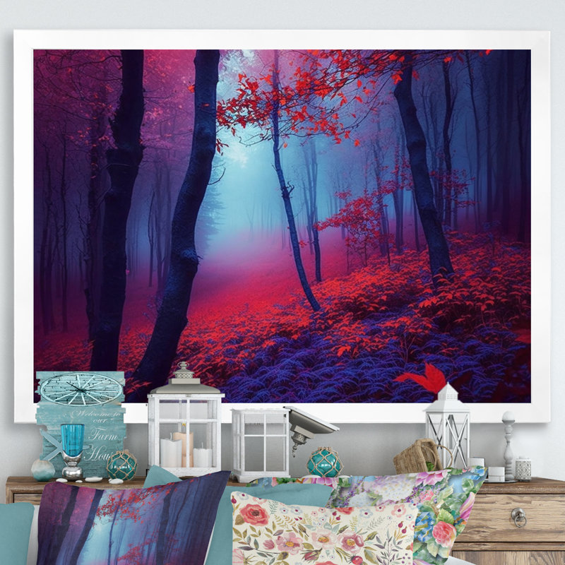 «Sunset Shining Misty Trees Autumn Forest I», reproduction sur toile, H 16 po x l 32 po x P 1 po, Cadre photo blanc