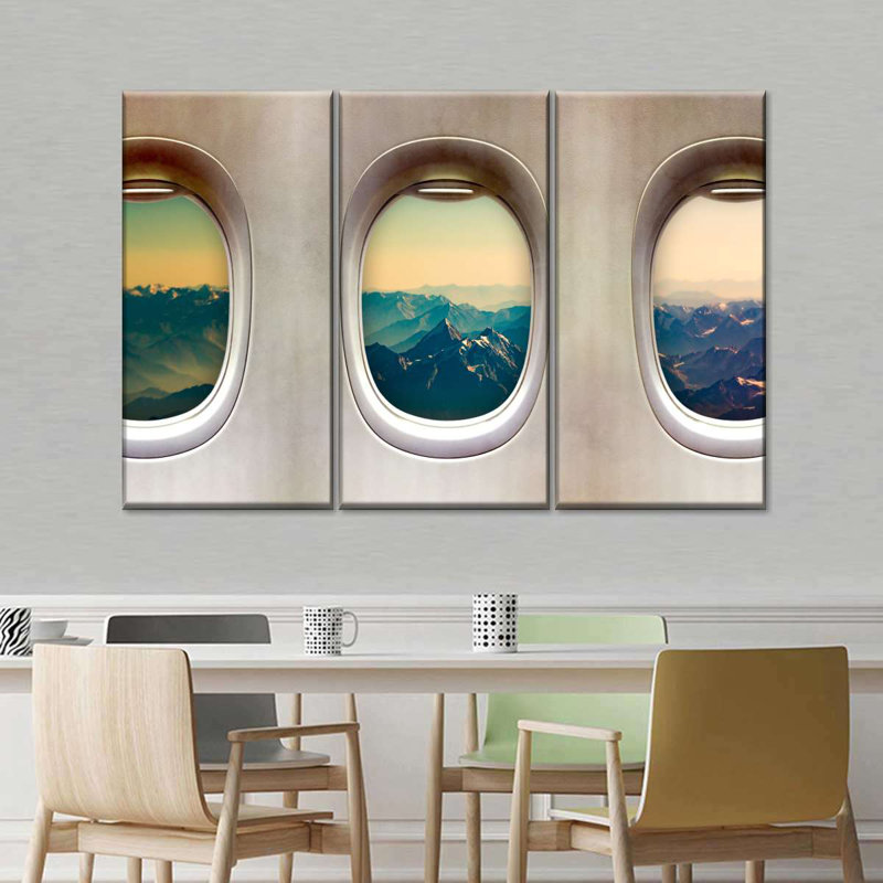 Vieilles fenêtres d'avion - ensemble de 3 toiles tendues, H 24 po x l 38 po
