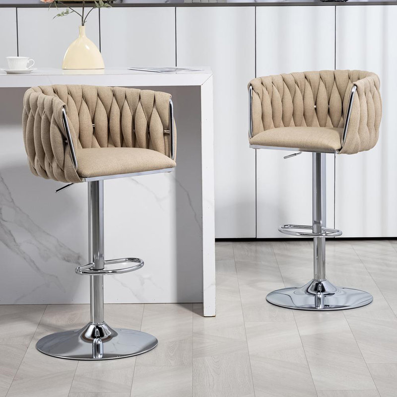 Tabouret de bar pivotant à hauteur ajustable avec dossier tissé et repose-pieds, Jaune