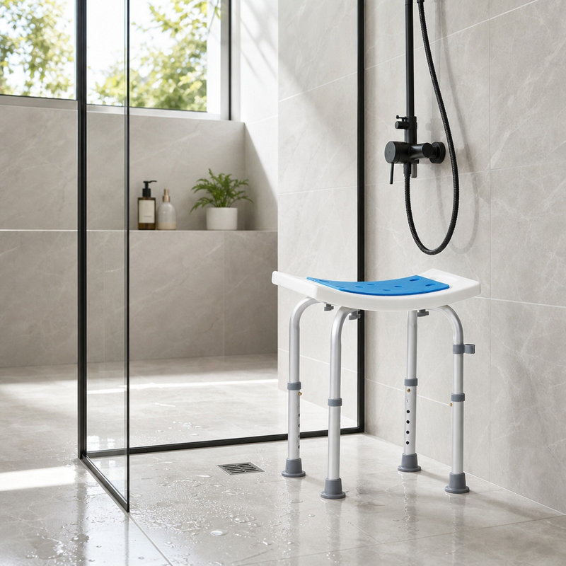 Adjustable Height Shower Chair with 6 Settings, Non Slip Bath Stool with Drainage Holes, Shower Head Holder and Storage Bag, Aluminum, 350 Pound Capacity