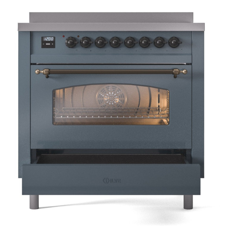 Cuisinière à induction 36 pouces avec 6 éléments à induction ILVE Nostalgie II Series (porte en verre), Gris-bleu / bronze