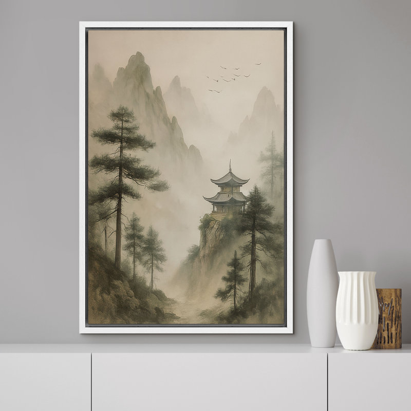 Paysage avec pavillon et pins - reproduction d'art sur toile encadrée, H 36 po x l 24 po x P 1,5 po, Cadre blanc