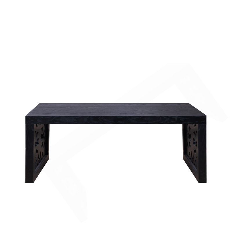 47.2" Solid Black Carved Wood Coffee Table – Handcrafted Look With Ornate Side Panels, Black