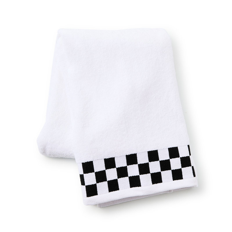 Bath Towel with Check Border, White/Black
