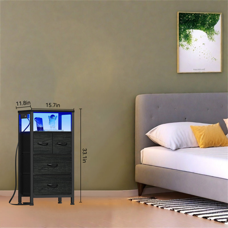 Table de chevet multifonctionnelle avec station de charge, lumières DEL et rangement, Noir, noir, noir, noir