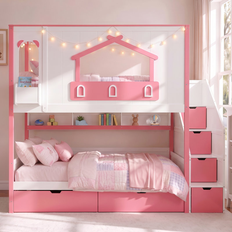 Lit superposé en bois avec étagères, tiroirs, escalier de rangement, barrières de sécurité et sommier à lattes, Rose blanc