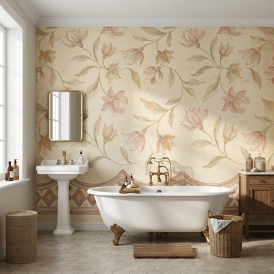 Papier peint texturé parchemin vieilli, motif floral vintage.