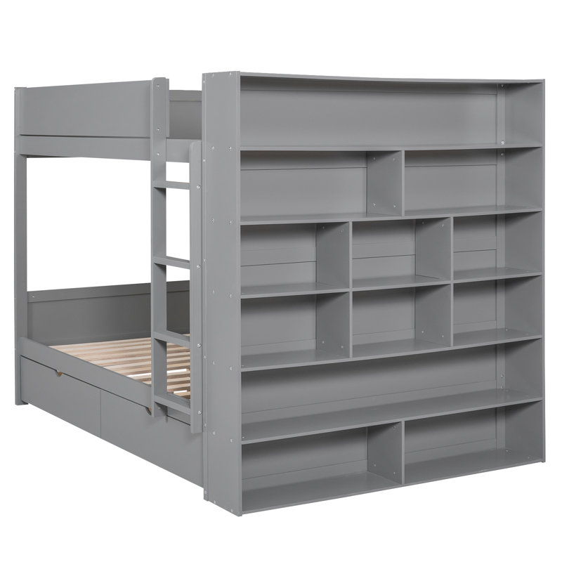 Lit superposé double au-dessus de double avec 2 tiroirs et armoire multicouche, gris