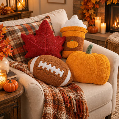 Ensemble de 4 coussins décoratifs d'automne avec motif de feuilles de citrouille et de café