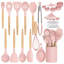 Ensemble de 23 ustensiles de cuisine en silicone antiadhésifs, manches en bois, résistants à la chaleur, rose