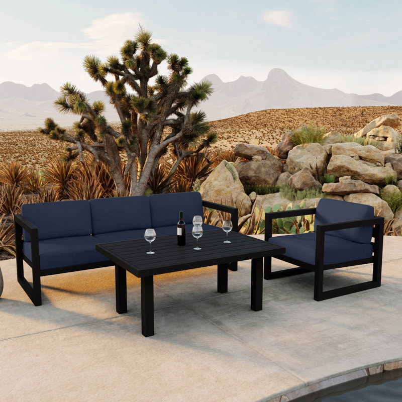 Smith 4 - Person Patio Conversation Set with Cushions, Black, Spectrum Indigo Sunbrella®
