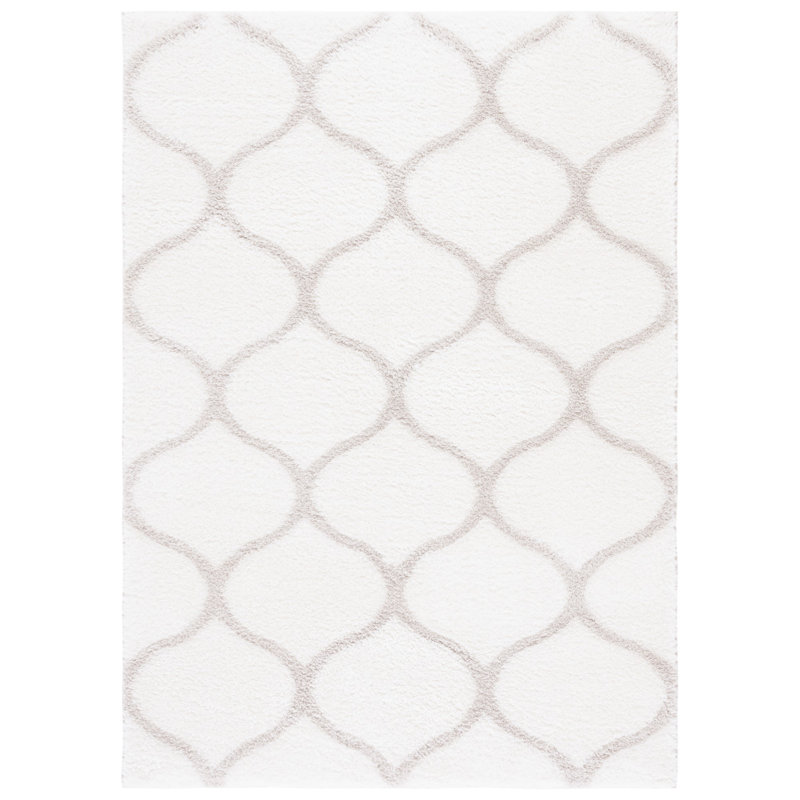 Hand-Knotted White and Silver Geometric Shag Rug, 6'7" x 8'7"