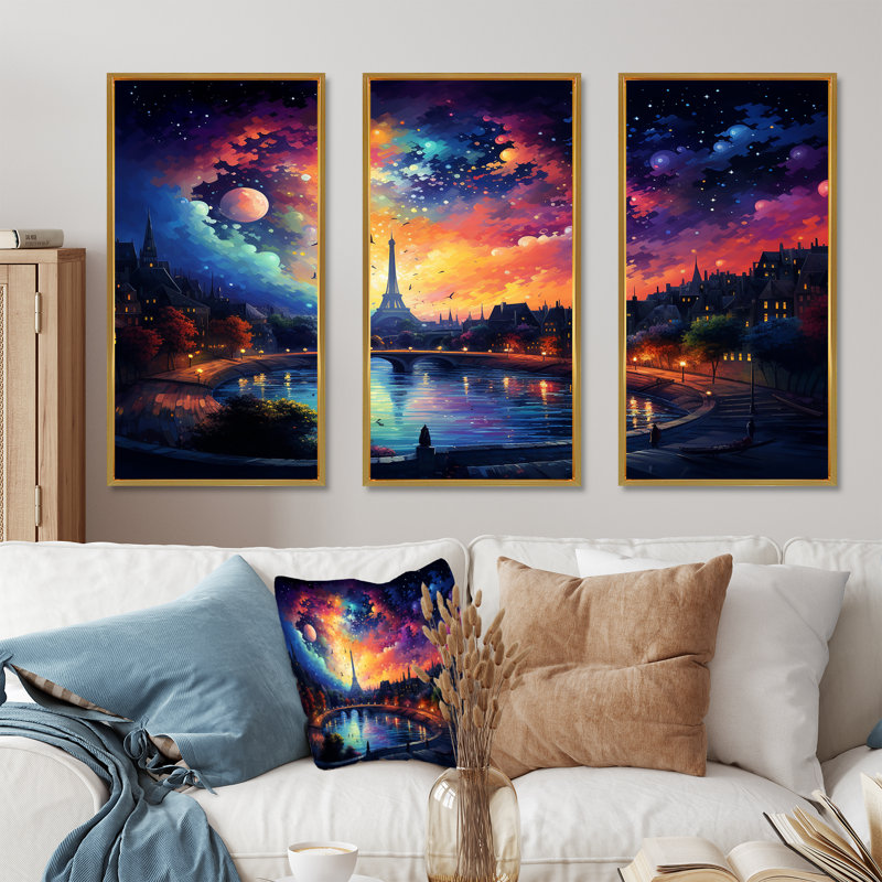 «Paris Starry Night Skies - Vangogh», art mural, Cadre flottant doré, H 32 po x l 48 po x P 1 po