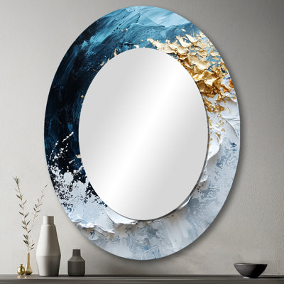Encre bleue et dorée Tornado I - grand miroir mural ovale sur métal