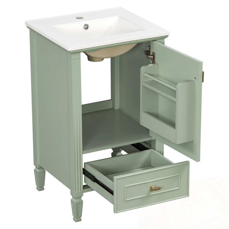 Meuble-lavabo de salle de bain avec lavabo en céramique, armoire de rangement et tiroirs, Vert
