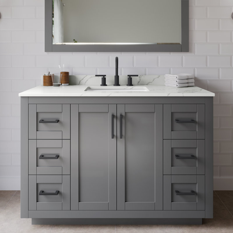 Ensemble de meuble-lavabo simple autoportant 48 po avec plateau en quartz Miranda, Quartz Giotto, Gris foncé, Noir mat