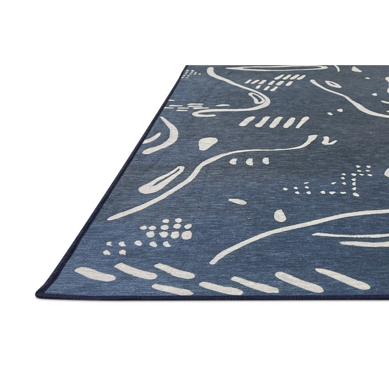 Tapis tissé à la machine en polyester / chenille bleu foncé / blanc Chihiro, Rectangle de 5 pi x 8 pi