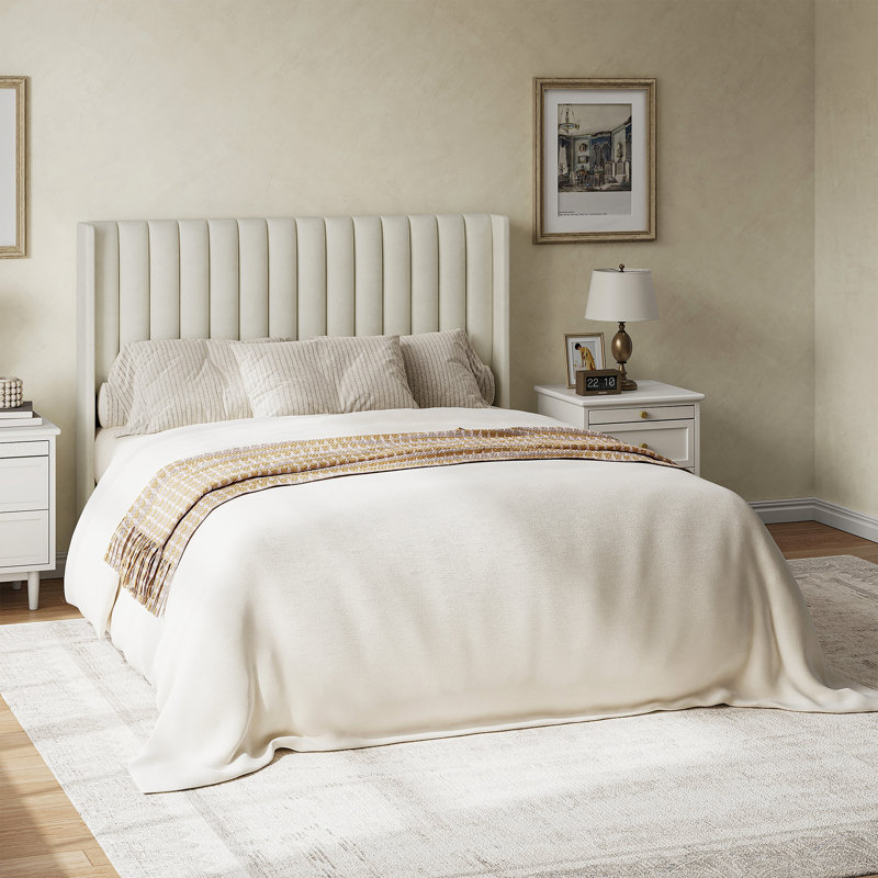 Avelyn Upholstered Platform Bed Frame with Vertical Channel Tufted Wingback Headboard, Beige, Full