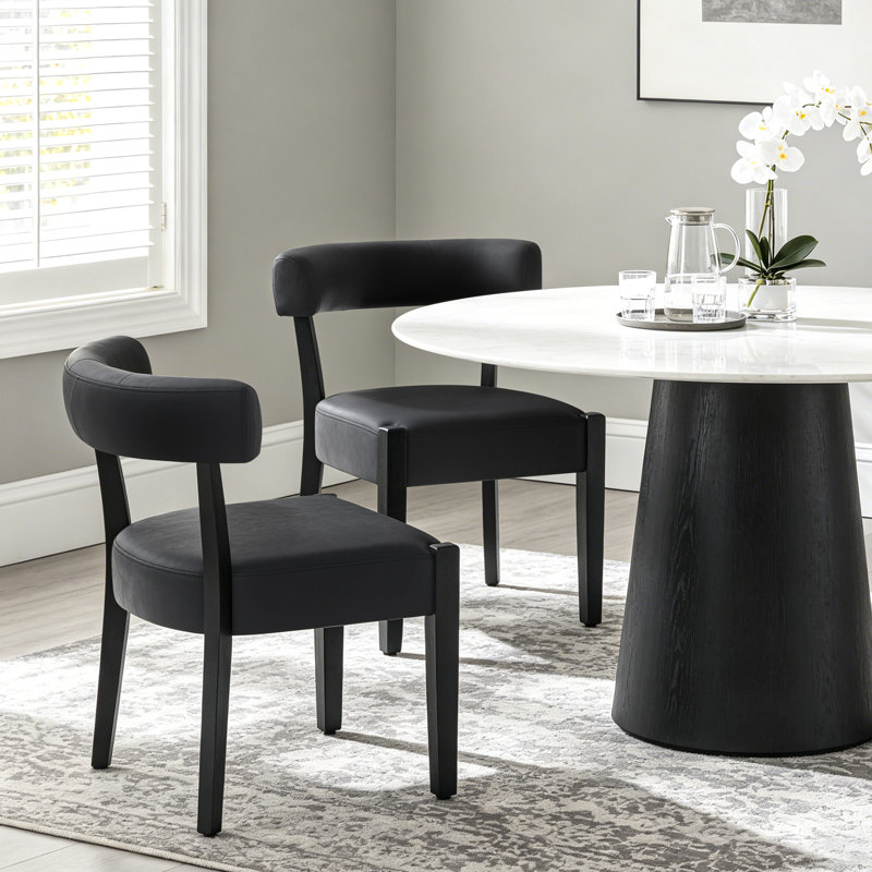 Mid-Century Modern Dining Chairs Black Faux Leather Upholstered Wood Frame Kitchen Chairs, Black Faux Leather/Black