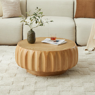 Table basse ronde de 80 cm (31,5 po) en bois massif naturel sculpté, idéale pour le salon.