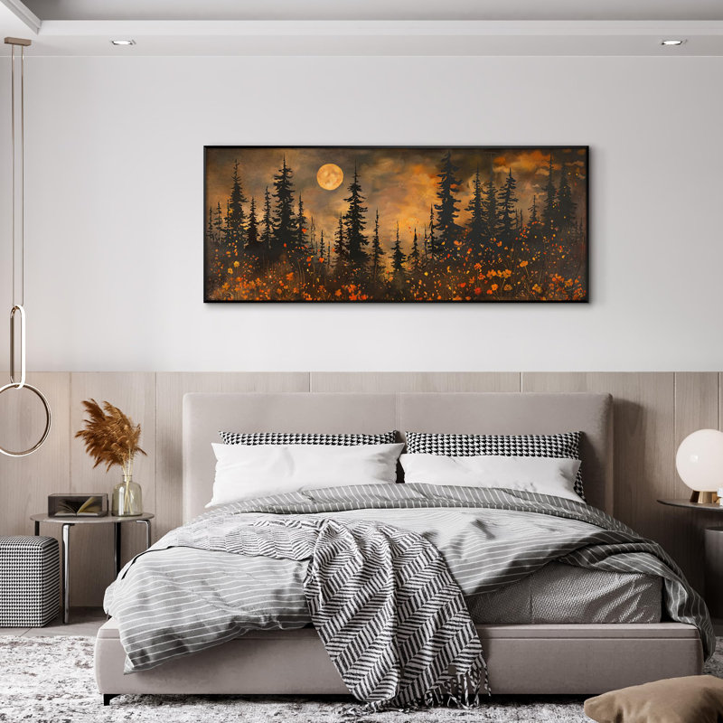 Très grande reproduction d'art sur toile - Forêt rétro avec illustrations de pleine lune et de fleurs sauvages pour le salon ou la chambre à coucher - «Assemblage requis du cadre (cadre non fini)»