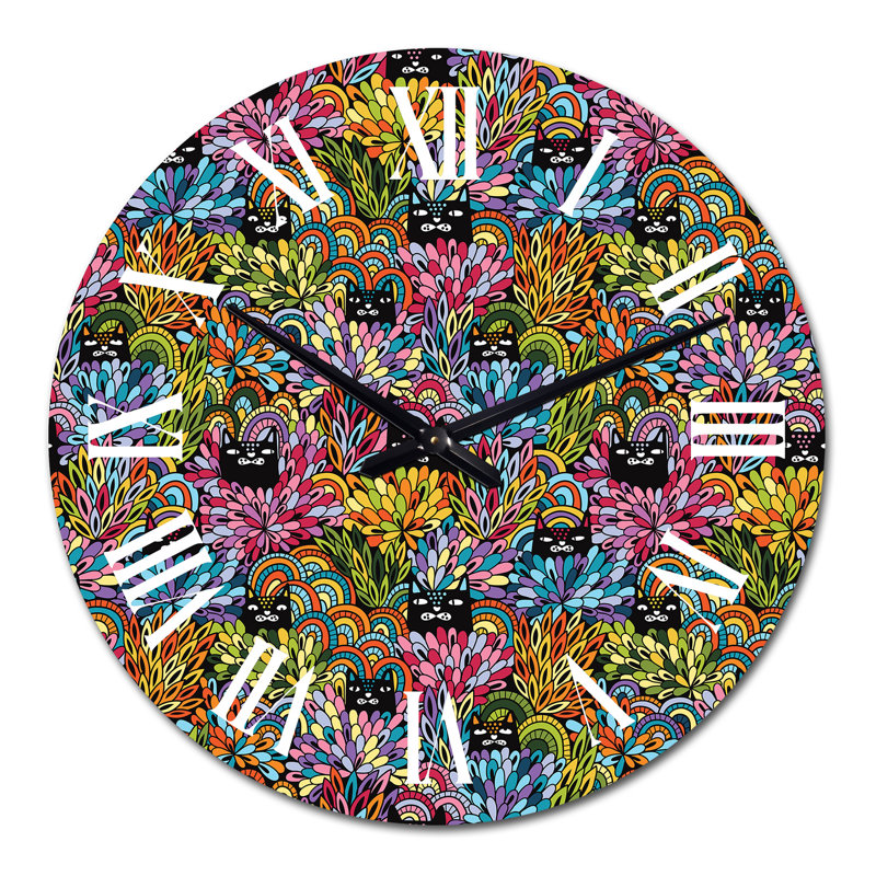 Chats noirs regardant à l'extérieur des buissons - Horloge murale à motifs, Moyen