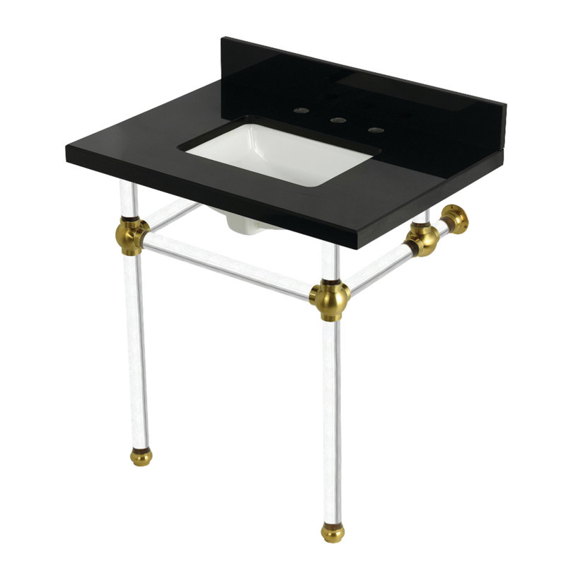Kingston Brass Templeton 30-Inch Black Granite Console Sink with Acrylic Legs (8-Inch, 3-Hole), Brushed Brass