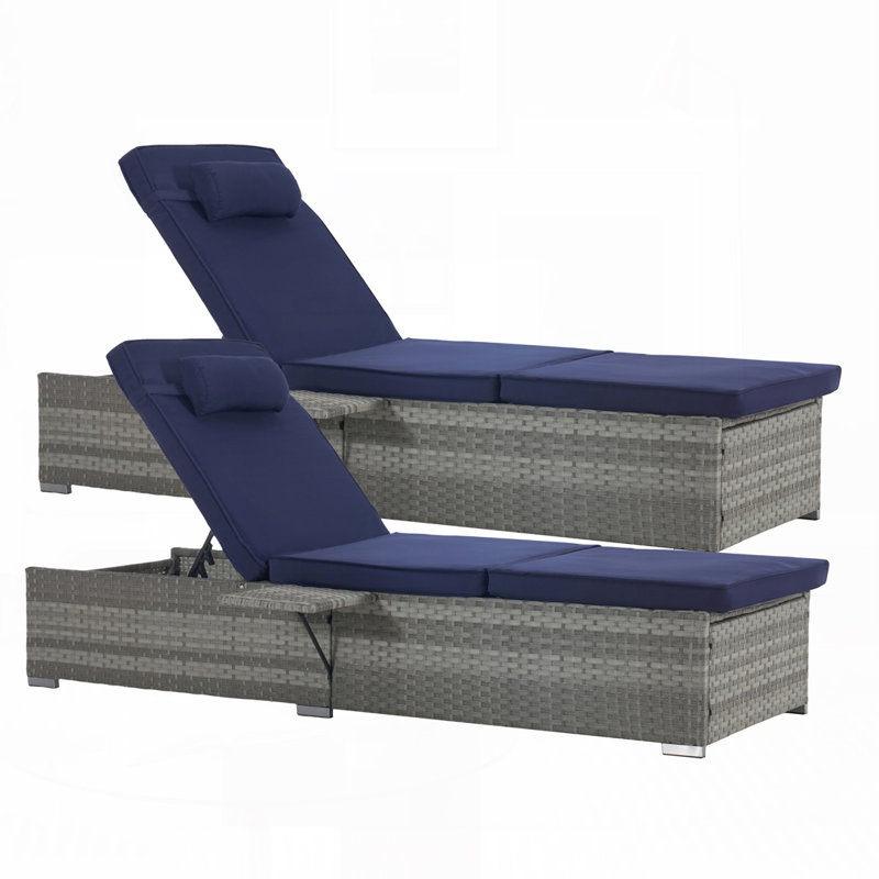 Outdoor Chaise Lounge Chair Set of 2 with Patio Pool Chairs Tanning Lounges for Outside, Dark Blue, Light Gray